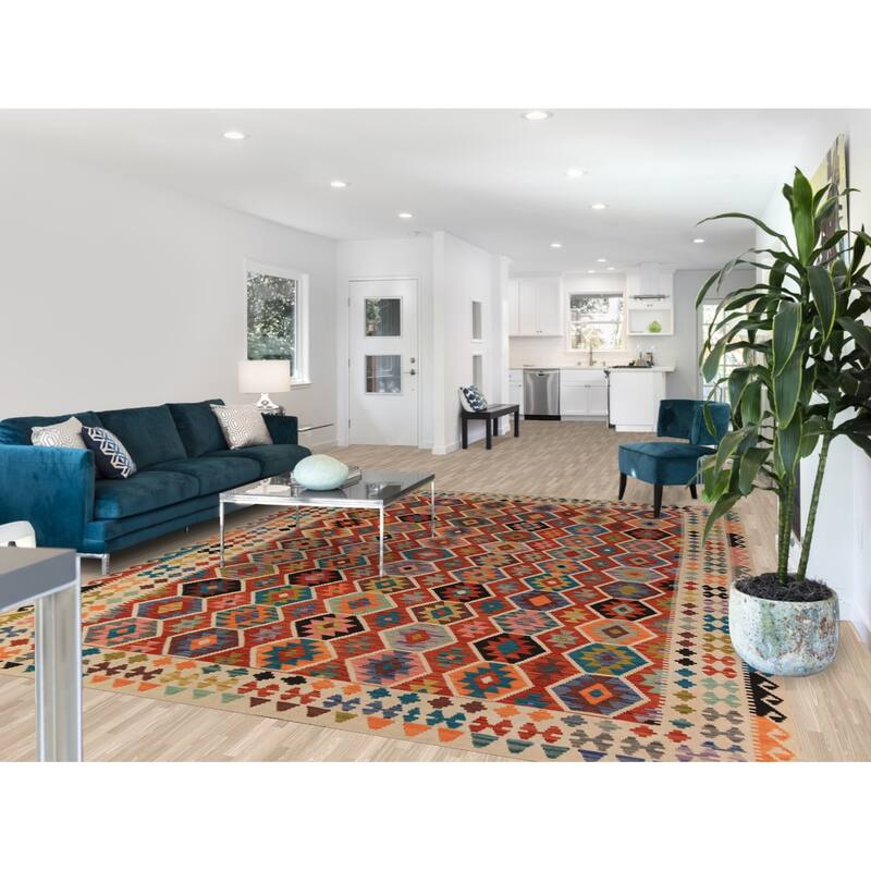 All-Over Geometric Kilim Oriental Area Rug Hand-Woven Wool Carpet - 8'8"x 11'3"