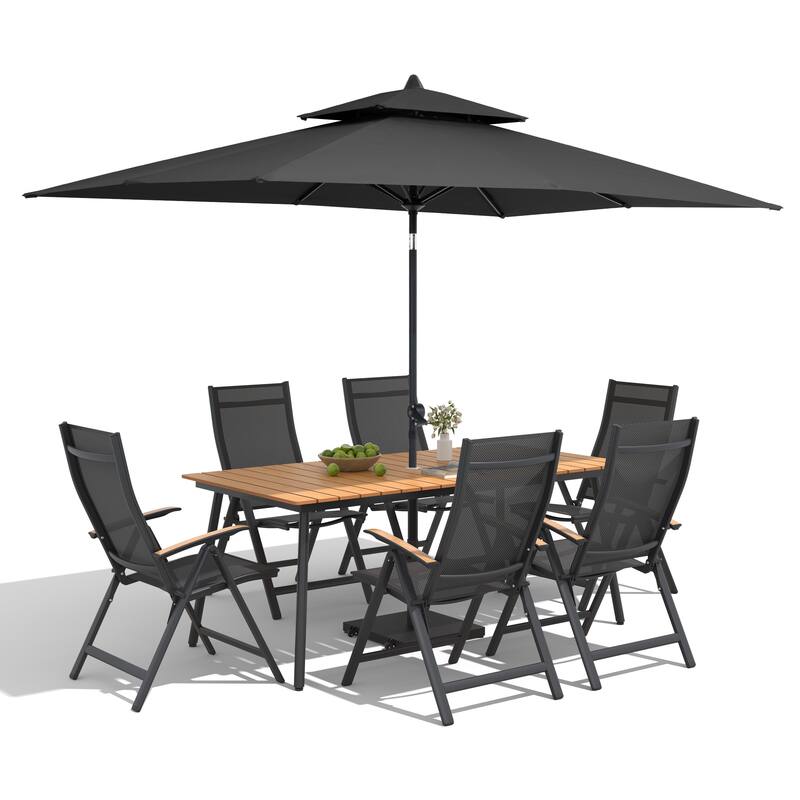 9/11-Piece Outdoor Patio Dining Set Aluminum Dining Table and Folding Chairs w/10 ft Umbrella and Base