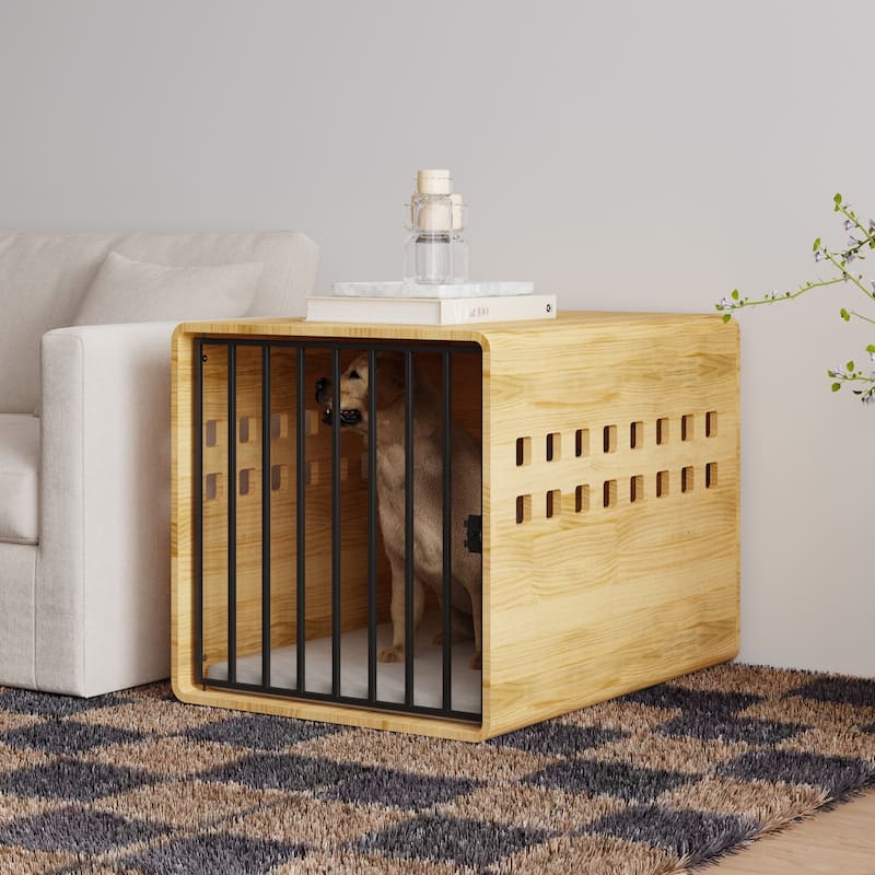 Modern Wooden Dog Crate Furniture for Large Dogs Glossy Finish Pet House with Metal Door and Vent Holes