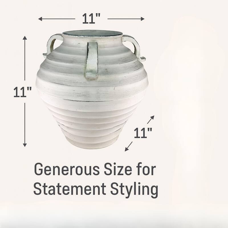 Bohemian Ceramic Urn Vase with Handles White Wash Vintage Finish