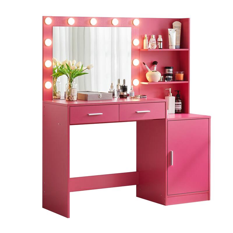 Vanity Desk with Mirror and Lights, with 2 Drawer&Vertical Organizer, 3 Level Dresser & 3 Lighting Modes Adjustable Brightness