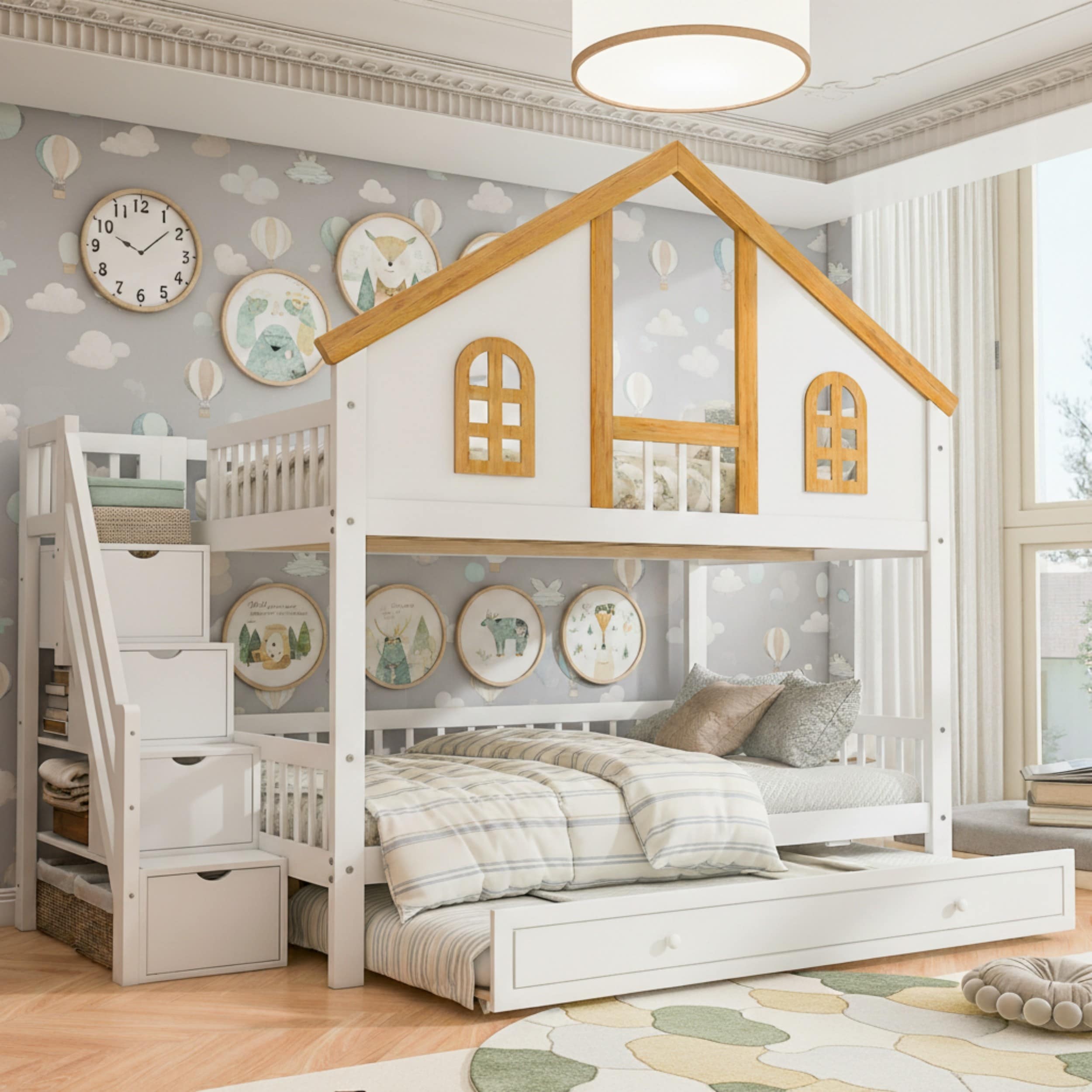 Wooden House Roof Bunk Bed with Trundle & Storage Staircase by Harper&Bright Designs