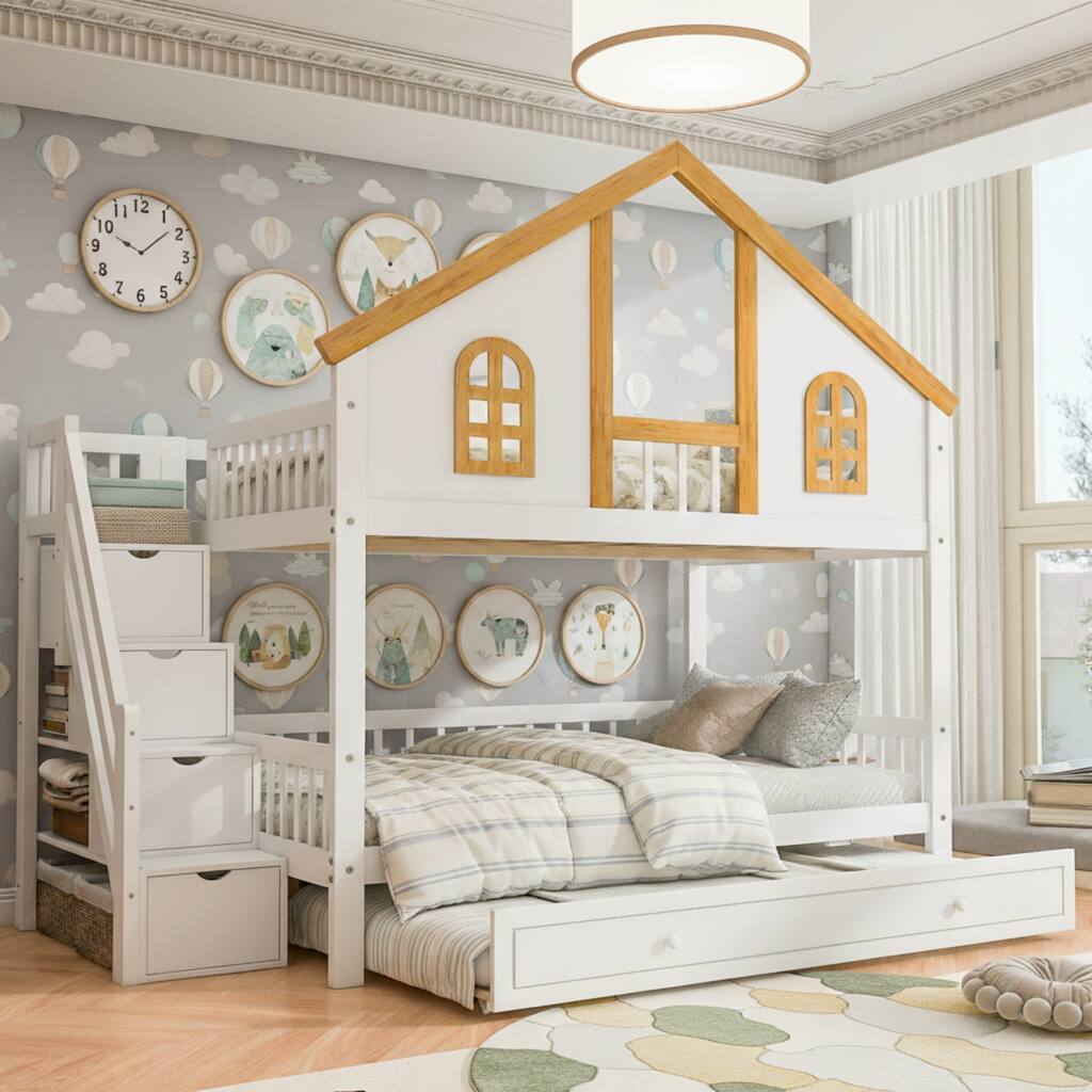 Wooden House Roof Bunk Bed with Trundle & Storage Staircase by Harper&Bright Designs