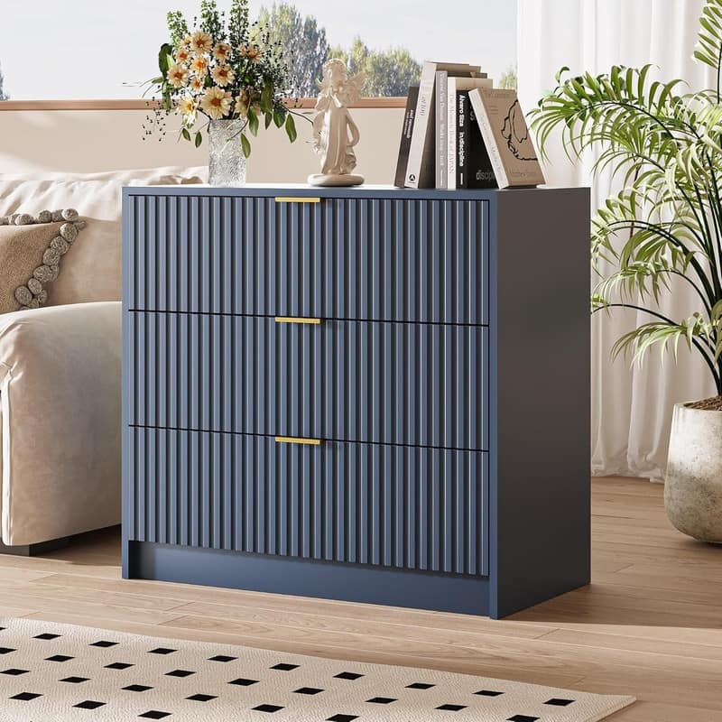 3 Drawer Fluted Dresser, 32 Inch Wide Nightstand with Large Drawer End Table for Bedroom