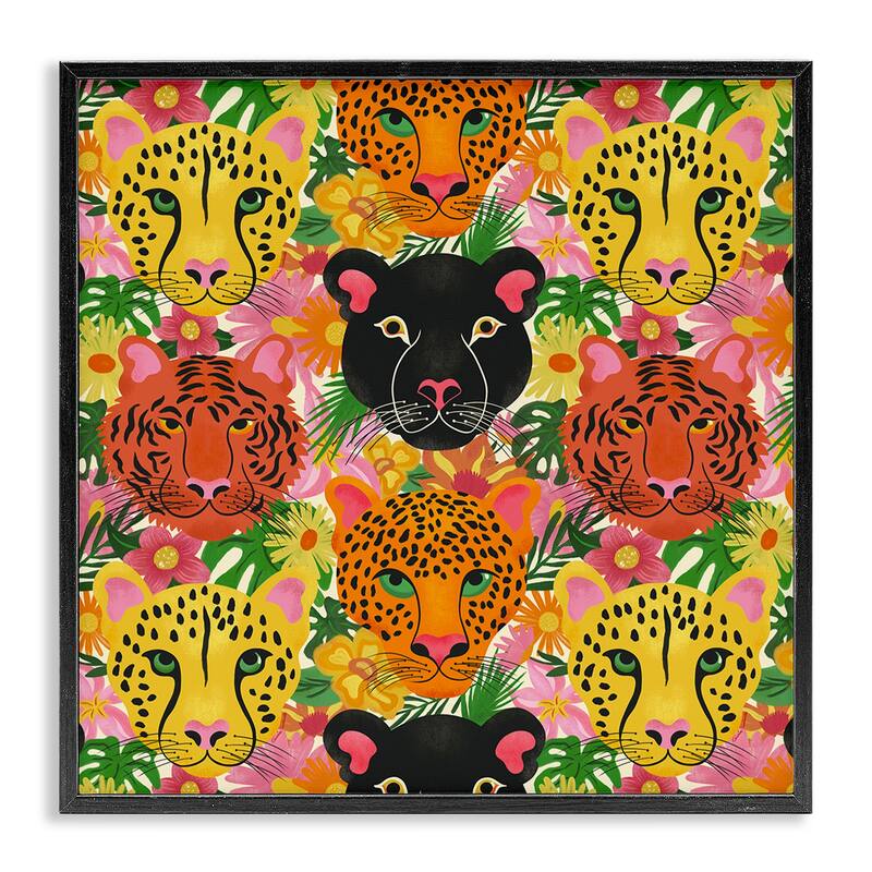 Stupell Jungle Cats Wildlife Pattern Framed Giclee Art Design By Carrie Cantwell - 17 x 17 - Black