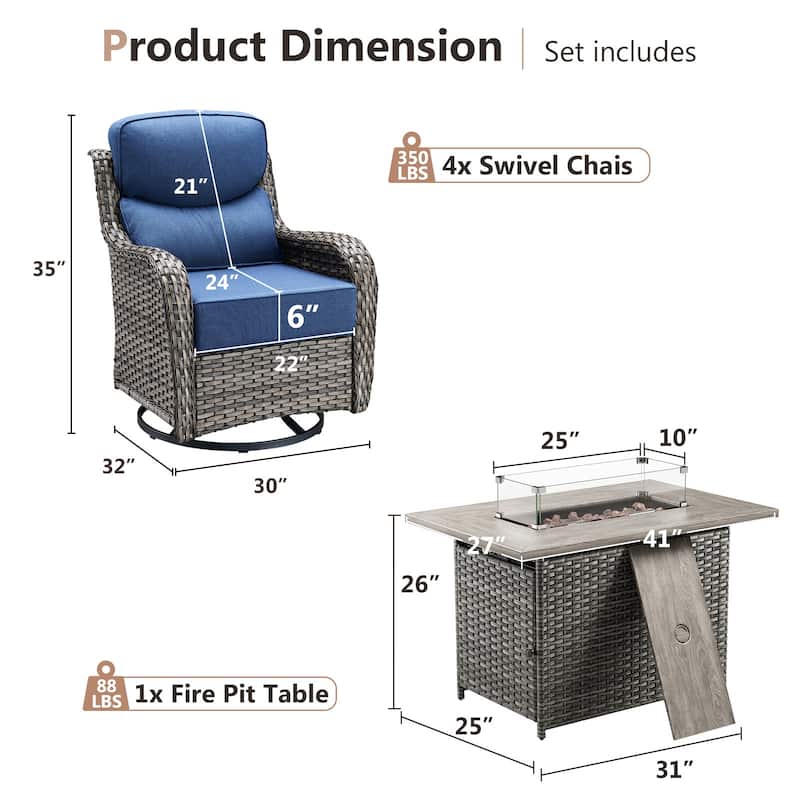 Pocassy Outdoor 6 Inch Sofa Swivel Chairs with Fire Pit Table Set