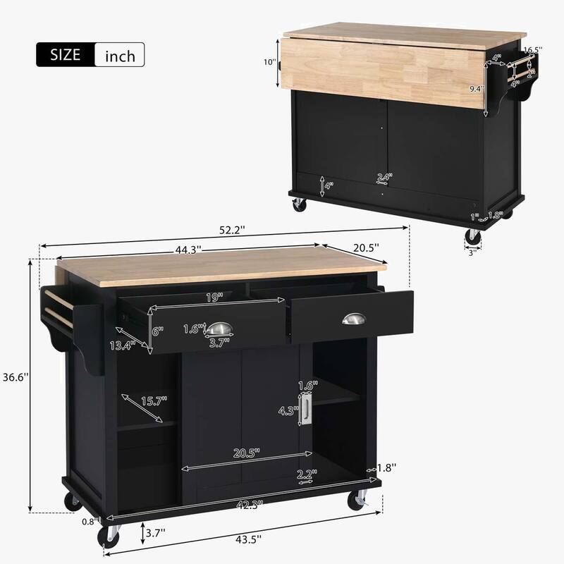 Kitchen Cart with Rubber wood Drop-Leaf Countertop
