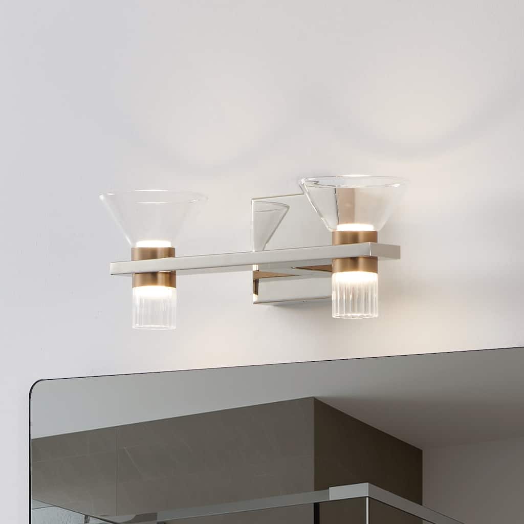 Thesis Blake 16-inch 4-light Polished Nickel and Champagne Gold 5CCT LED Vanity Light with Clear and Clear Ribbed Glass