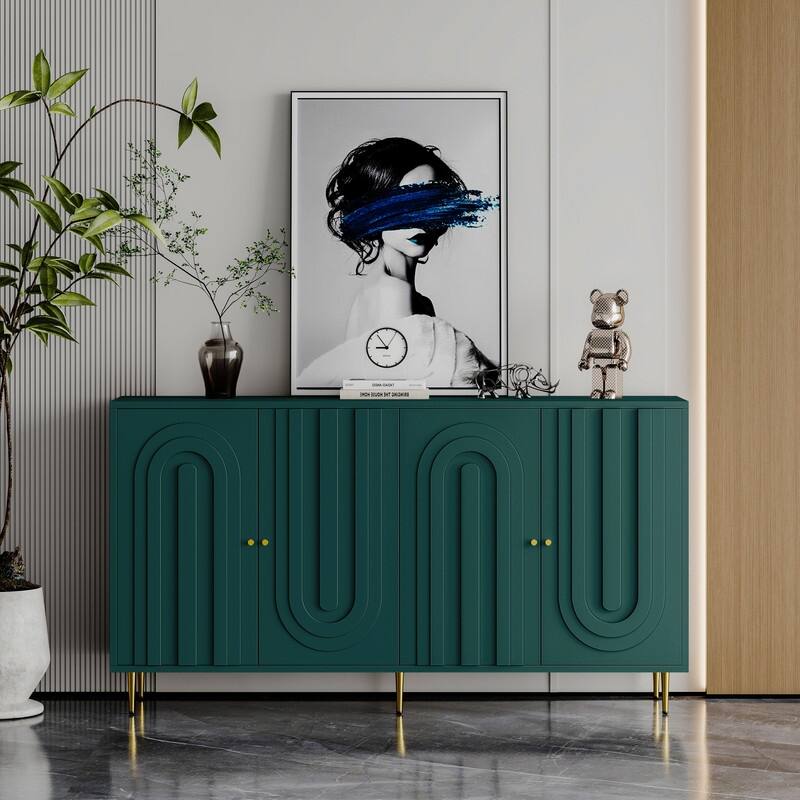 Modern 4-Door Wooden Sideboard Cabinet for Living Room Storage and Organization - Green