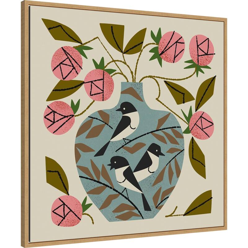 Three Bird Rose Vase by Renea l. Thull Framed Canvas Wall Art Print