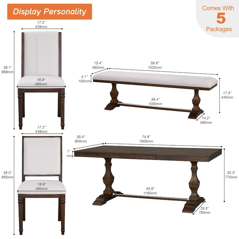 6-pieces Farmhouse Dining Table for 6, 74.8" Kitchen Table Set with 4 Chairs and Bench, Solid Wood Legs and Cushion Seat