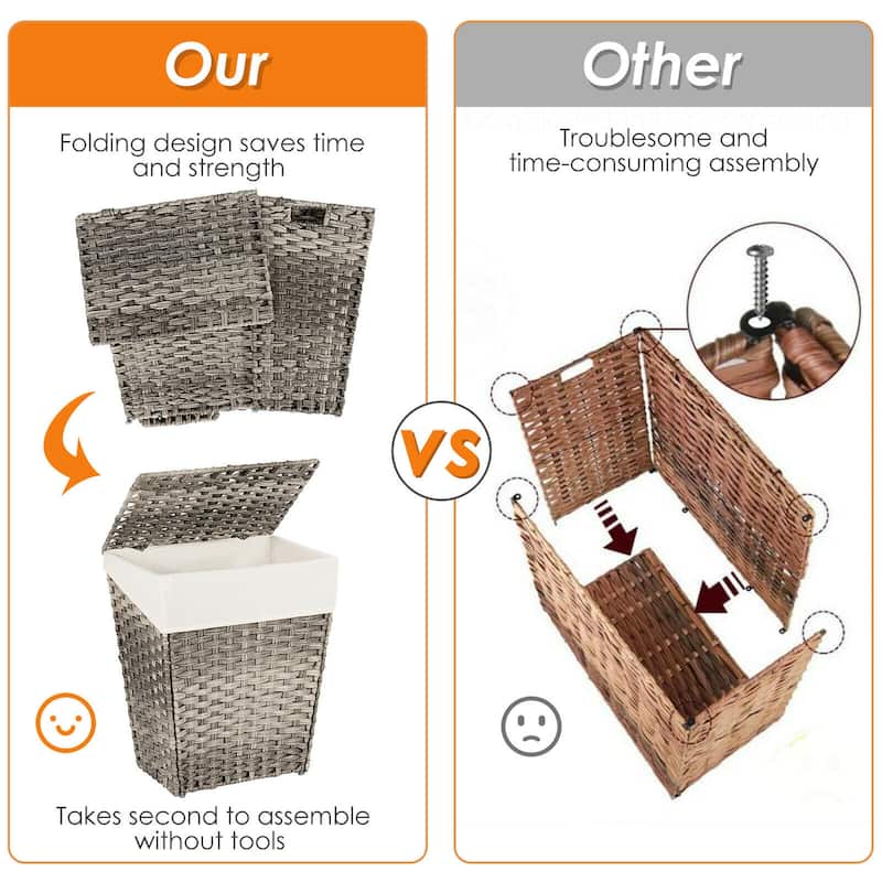 Gymax Handwoven Laundry Hamper Foldable w/Removable Liner, Lid & - 17.5'' X 12'' X 21''