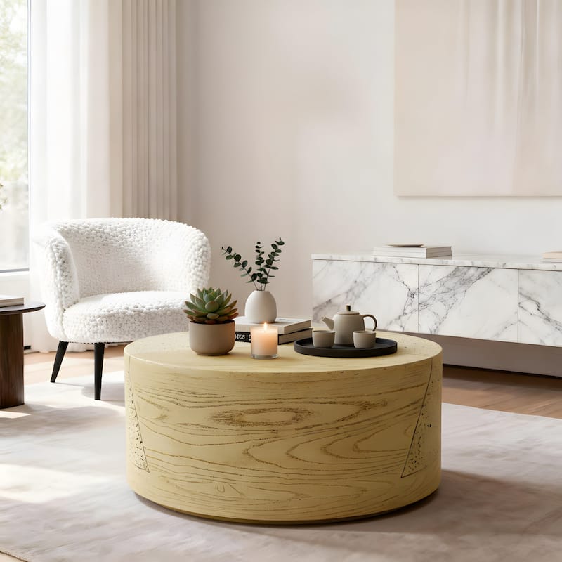 28" Round MGO Coffee Table with a Natural Stone & Wood-Look Finish - Sahara Oak Travertine