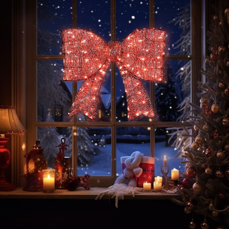 Pre-lit Outdoor Giant Bowknot Christmas Decoration with 124 Warm White LED Lights for Front Door Gate Wall