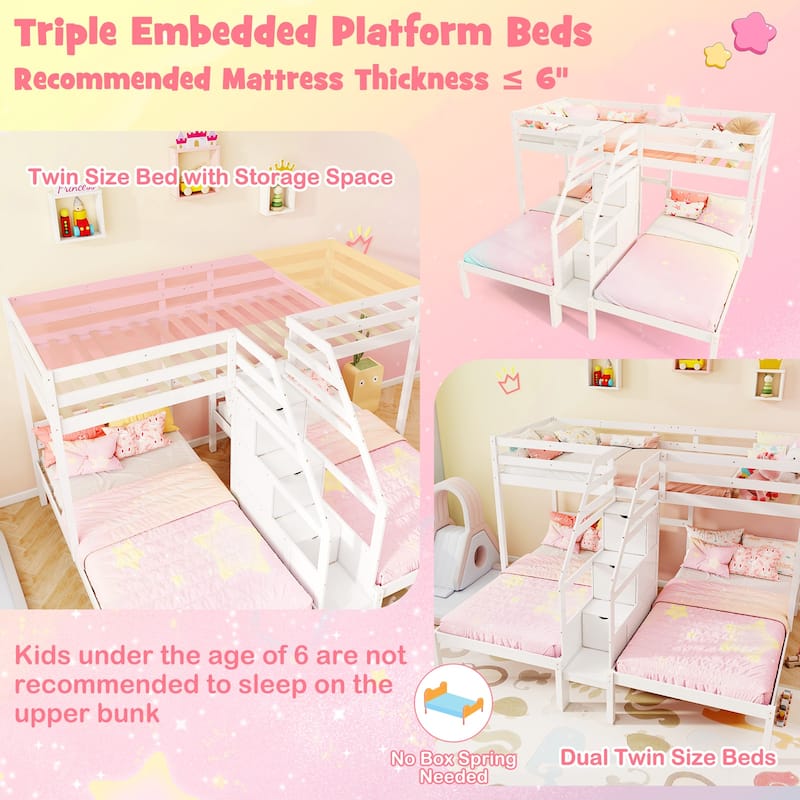 Bunk Bed for 3 Kids, Twin Over Twin with Storage Staircase and Safety Guardrails