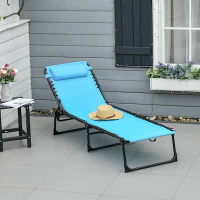 Patio Folding Chaise Lounge, Outdoor Sun Tanning Chair with 4-Position Reclining Back, Pillow, Breathable Mesh and Bungee Seat