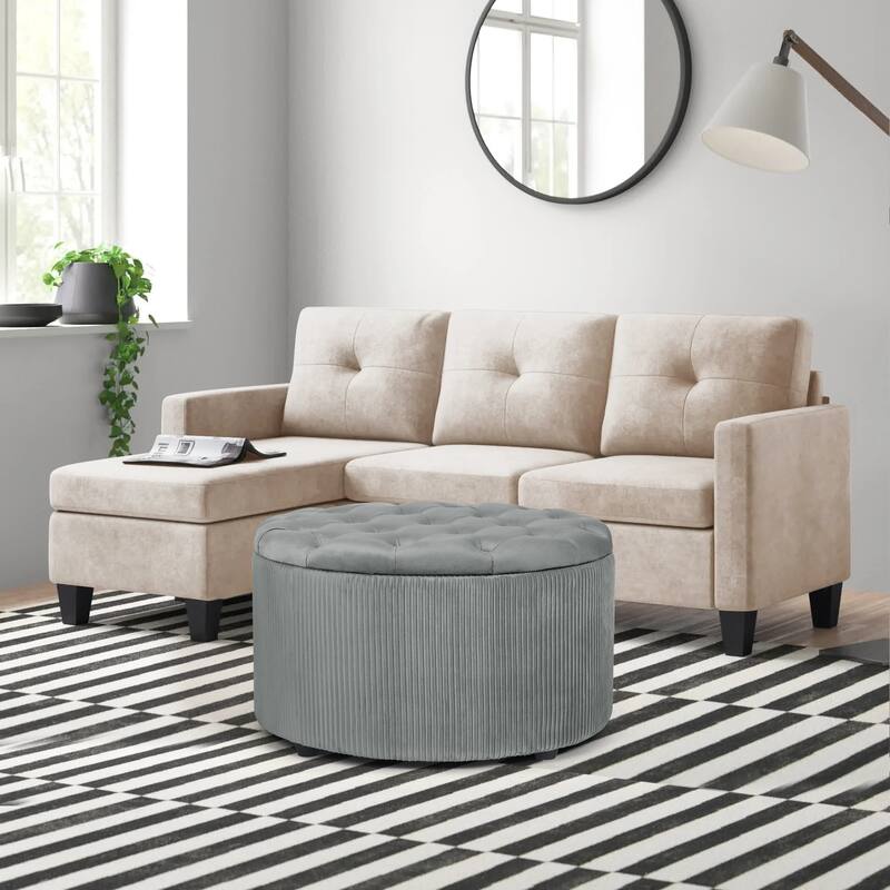 Adeco Round Storage Ottoman Button Tufted Footrest Stool Bench