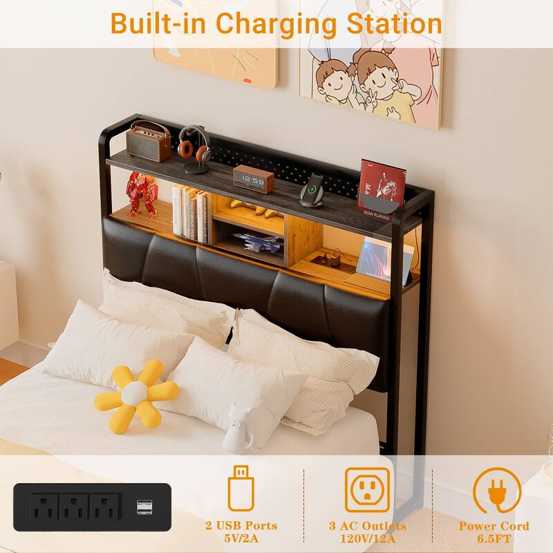 Upholstered Headboard with Pegboard and Charging Station, Storage Headboard Shelves and LED Light