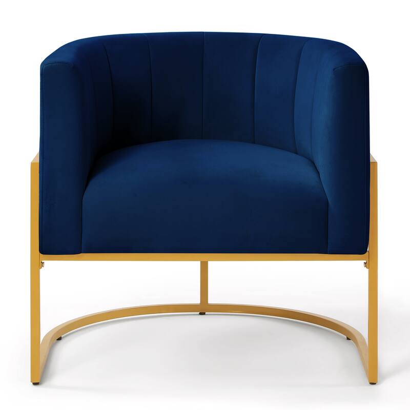 Stylish Velvet Upholstered Chair Barrel Chair with Metal Frame, Navy Curved Backrest Lounge Chair Club Chair for Living Room