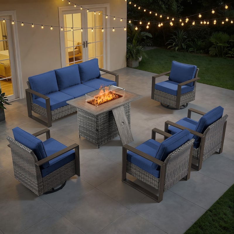 Meyreso Wicker Outdoor Patio Fire Pit Set with Swivel Gliders and Olefin Cushions - Gray / Navy Cushions - 6-Piece