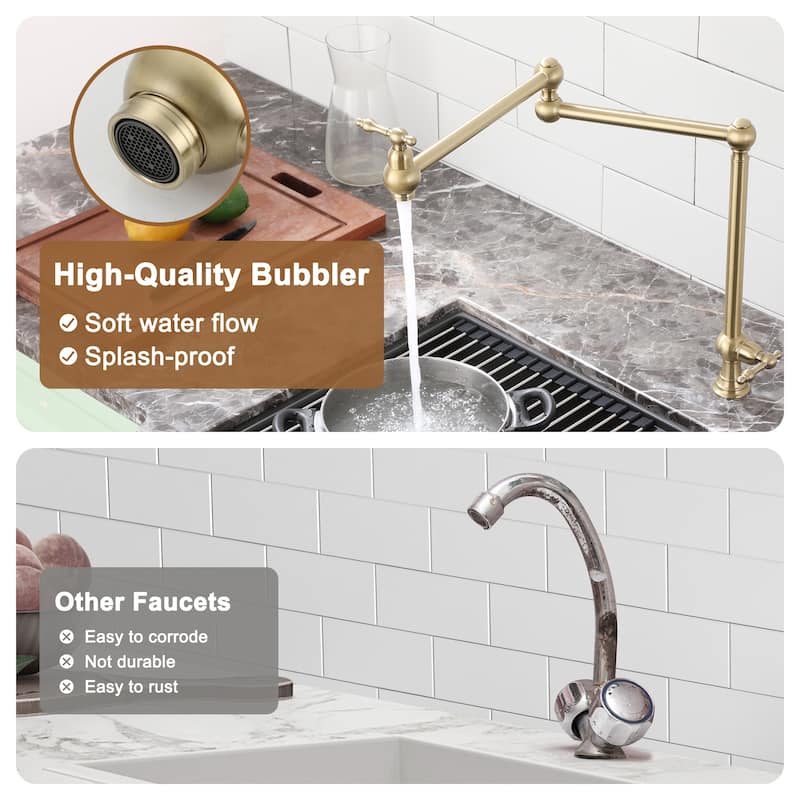 Vintage Deck Mount Pot Filler Kitchen Faucet, with Folding Stretchable Double Joint Swing Arms