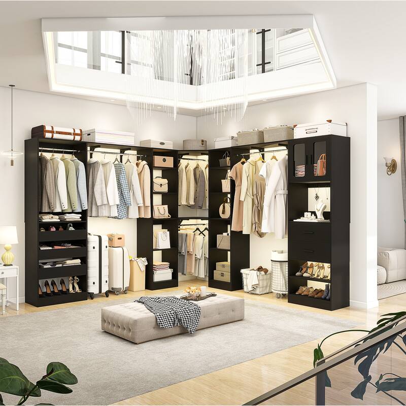 100" × 100" Closet System With Door and Wooden Drawers, Closet Organizer with 5 Hanging Rods and 20 Storage Shelves