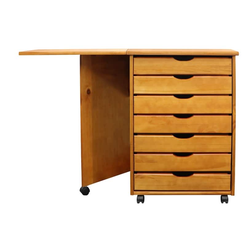 Adeptus Original Roll Cart, Solid Wood, 7 Drawer Gate Leg Roll Cart Desk, Extra Wide Drawers, Med Pine