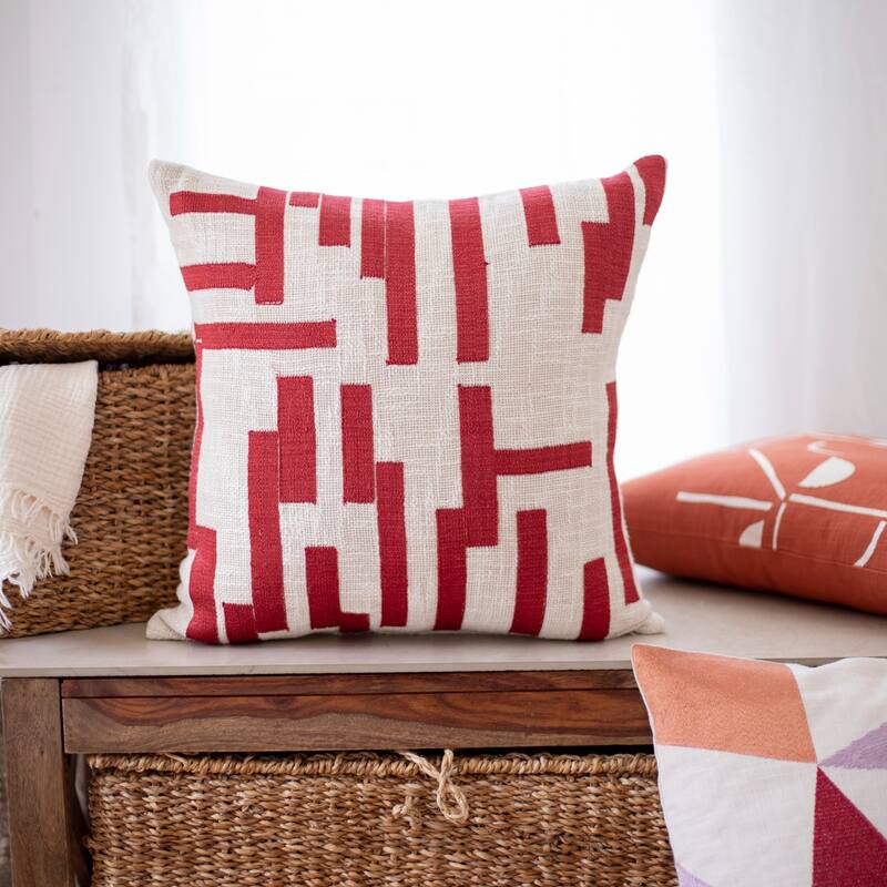 Handwoven Abstract Square Throw Pillow Cover - 20" - Cream and Red