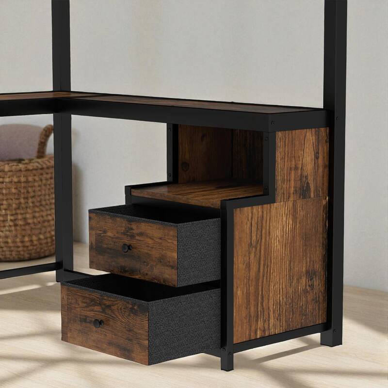 Queen Loft Bed with Desk and Storage Drawers, Metal Loft Bed Frame with Guardrails, Ladder, and Workstation