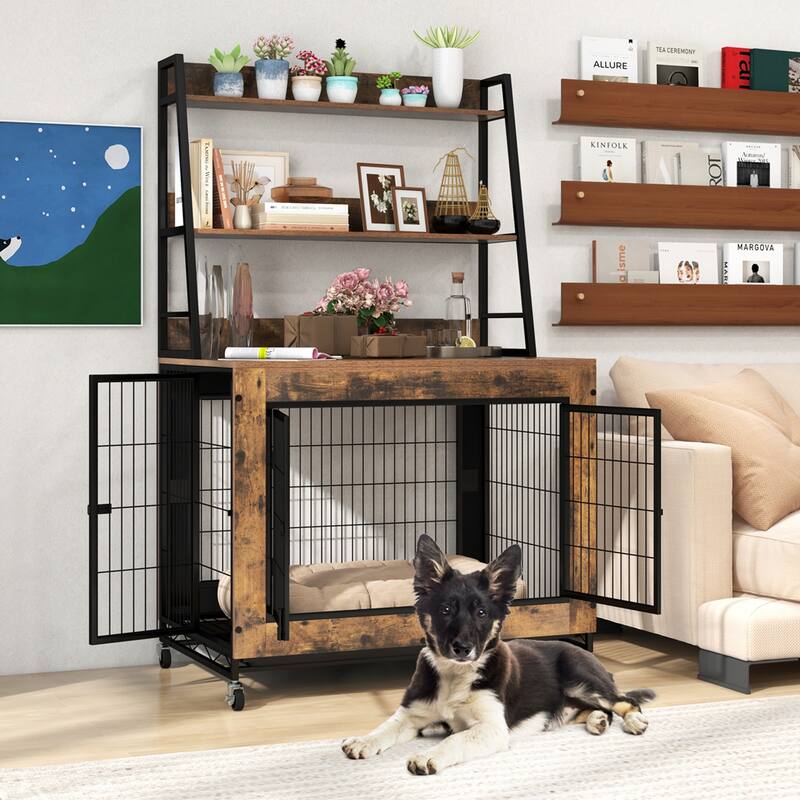 Wooden Dog Crate with Storage Shelves, Tray and Lockable Wheels - 59" x 38" x 25" (L x W x H)