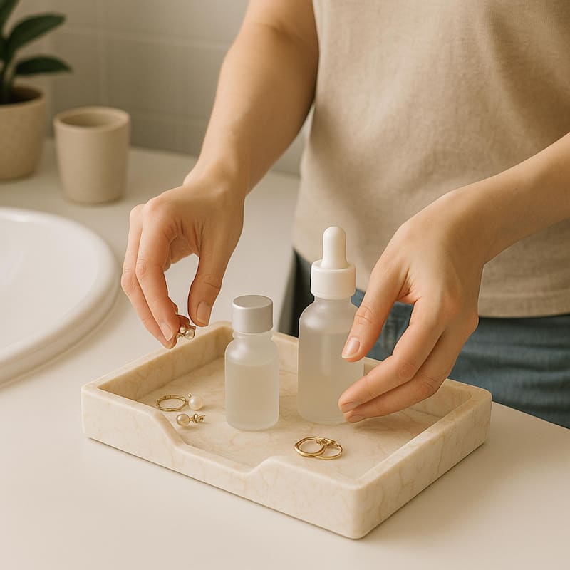 Creative Home Champagne Marble Scalloped Vanity Tray, Bath Towel Organizer Tray, Bathroom Accessory Organizer - Beige