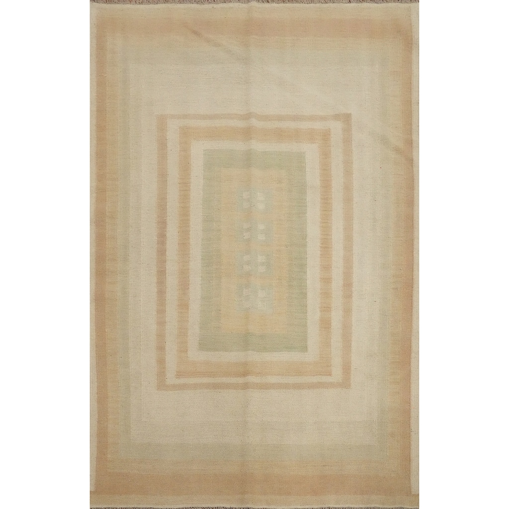 Hand Woven Oriental 100% Wool Carpet Southwestern Modern Beige & Ivories Kilim Area Rug - 5' 9'' X 4' 2''