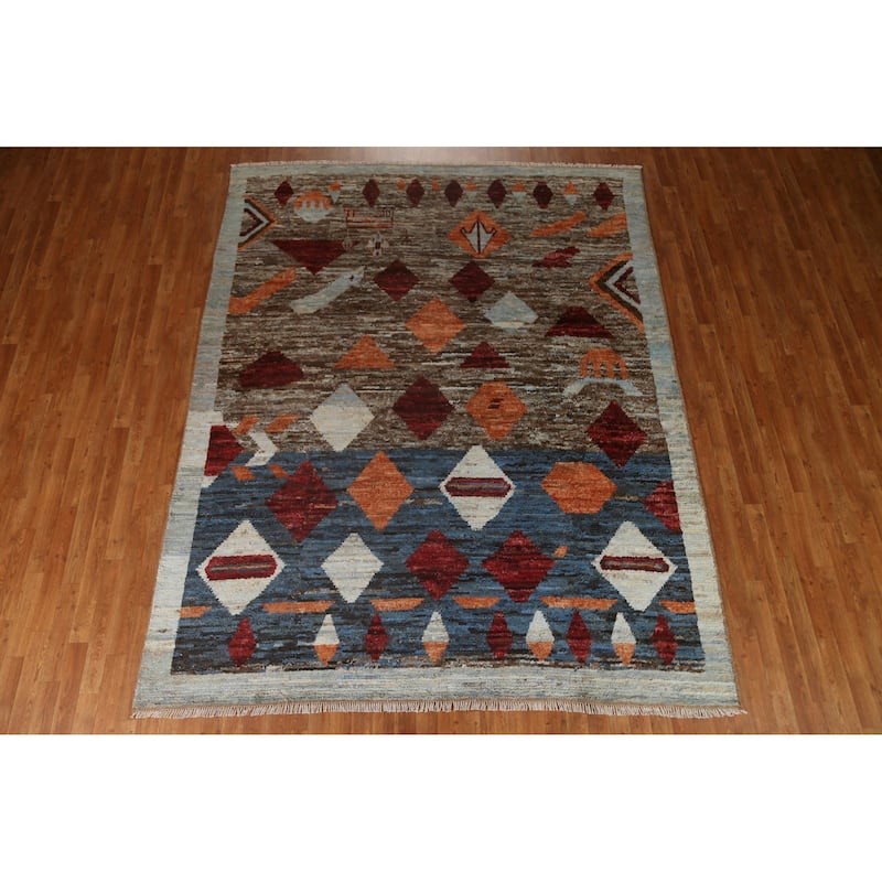 Tribal Geometric Moroccan Oriental Wool Area Rug Hand-knotted Carpet - 7'9" x 9'8"