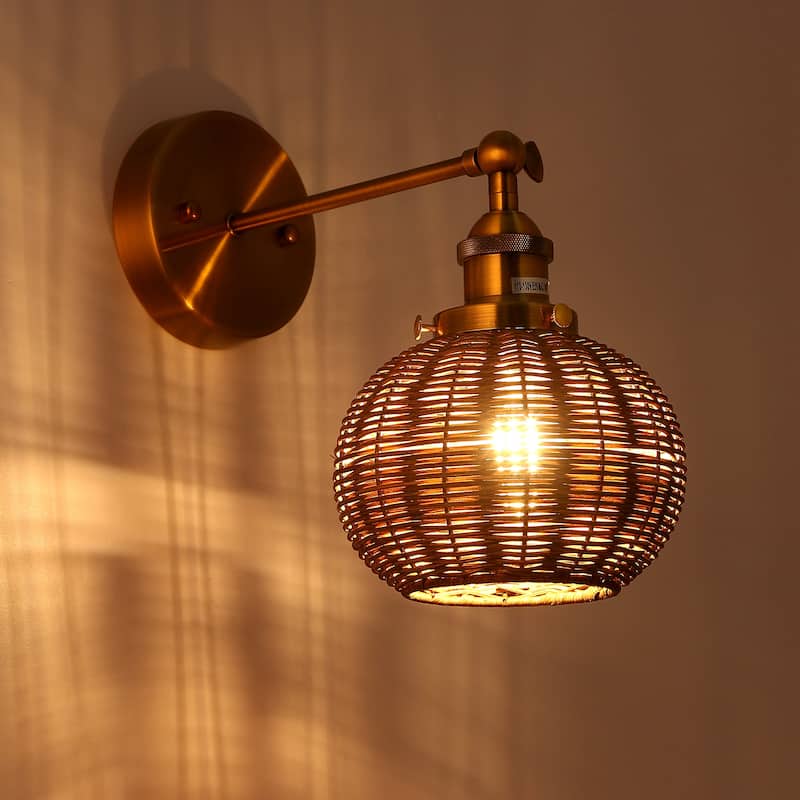 Brass Globe Rattan 1-Light Wall Sconce Wall Light