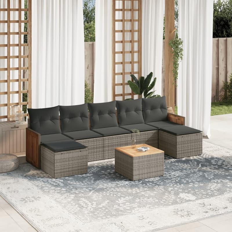 vidaXL Patio Sofa Set with Cushions Outdoor Conversation Furniture Poly Rattan - Grey-With table - 24.4 x 23.2 x 27.2