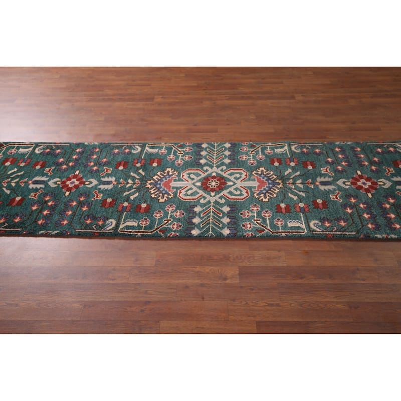 All-Over Green Kazak Oriental Runner Rug Handmade Wool Carpet - 2'6"x 9'11"