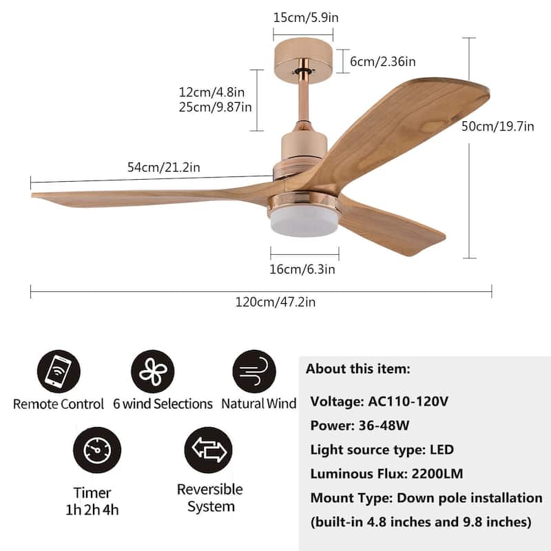 47In Modern 3-Blade 6-Speed Propeller Ceiling Fan Light with Remote
