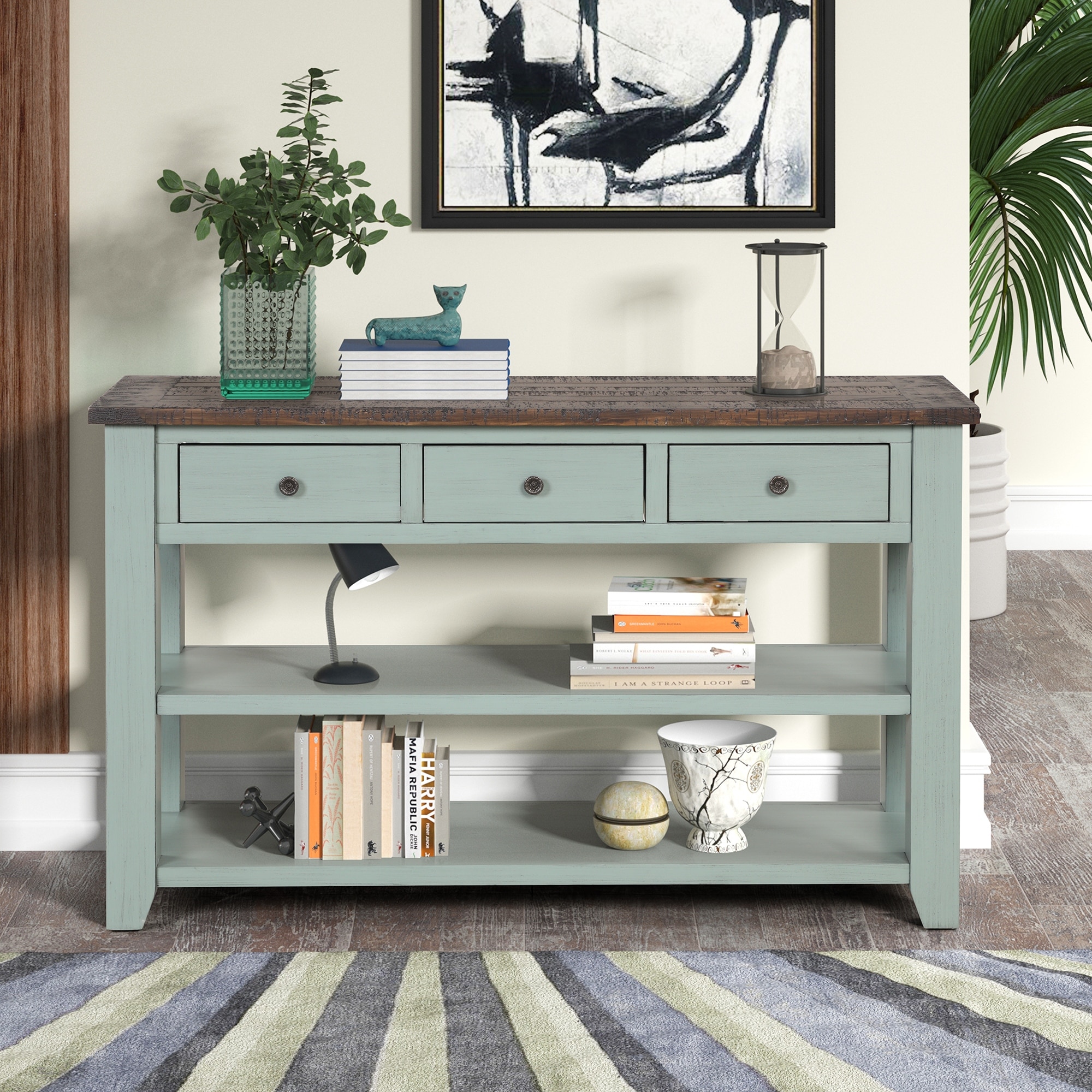 48" Solid Pine Wood Top Console Table, Modern Entryway Sofa Side Table, with 3 Storage Drawers and 2 Shelves