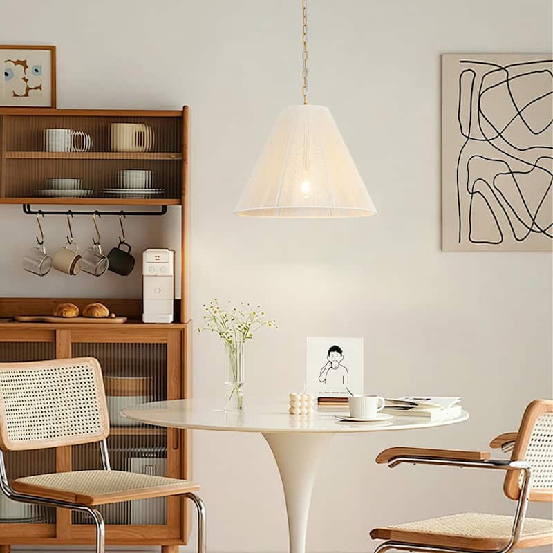 1-Light Brushed Gold Transitional Fabric Shade Cone Pendant Light with Adjustable Chain for Living & Dining Rooms