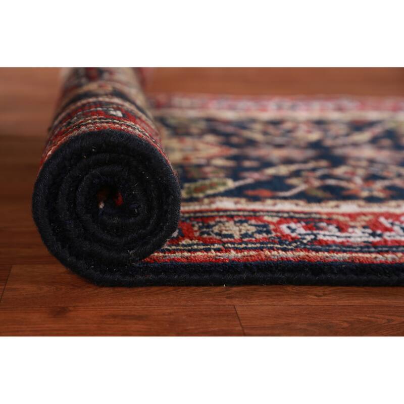 Hand Knotted Oriental 100% Wool Carpet Traditional Geometric Navy Blue & Blues Heriz (serapi) Runner Rug - 7' 10'' X 2' 7''