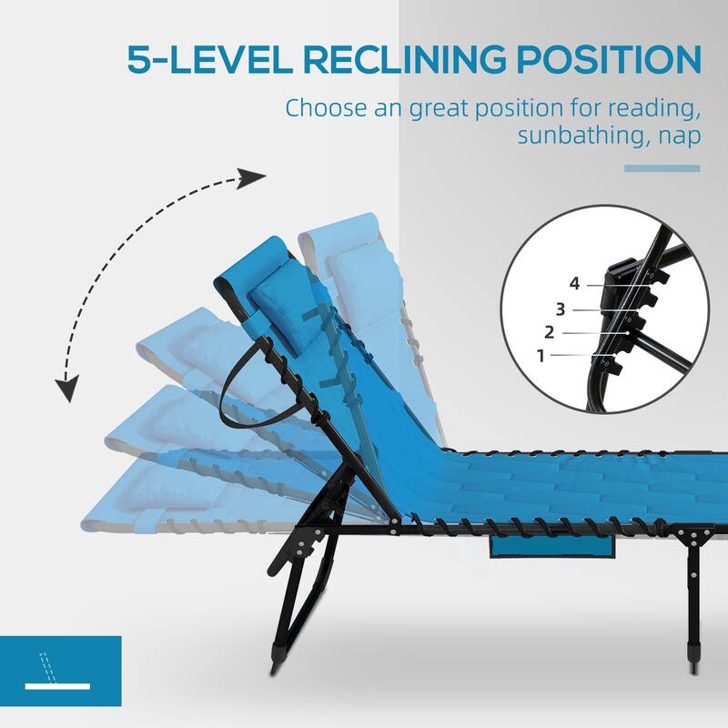 Set of 2 Outdoor Folding Chaise Lounge Chair with 5-Position Recline, Headrest and Side Pocket for Beach Patio or Camping