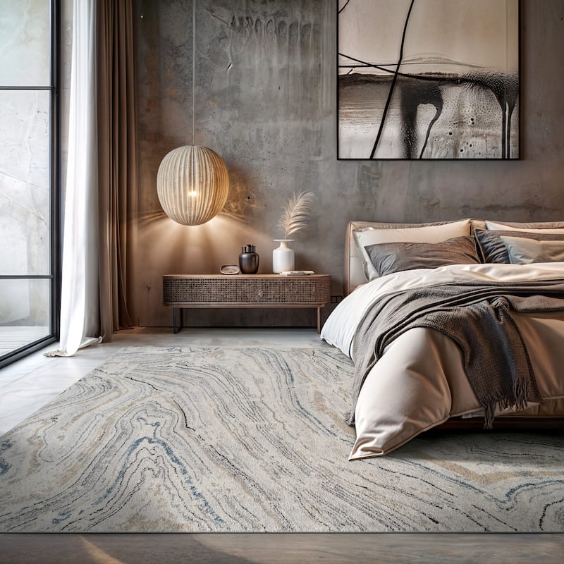 Marble Swirl Distressed Area Rug - Low-Pile Rug for Living Room, Bedroom - Polypropylene/Polyester with Jute Backing