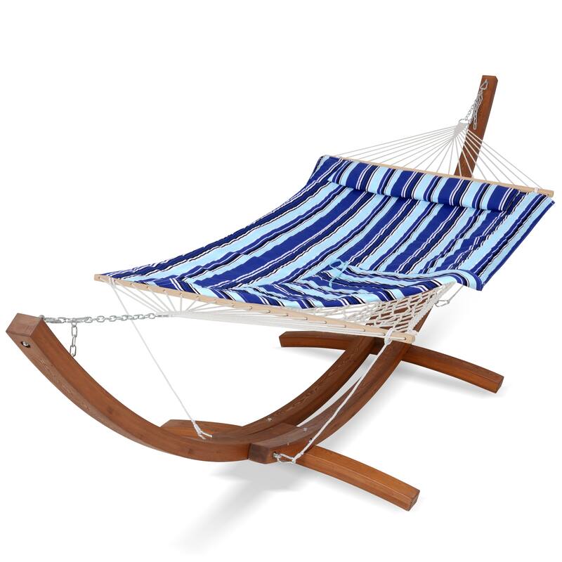 Rope Hammock with 13.5ft Wooden Stand and Removable Pad - Blue Stripes