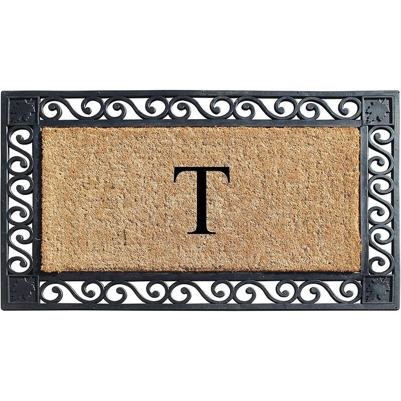 A1HC Rubber and Coir Maple Leaf, Heavy Weight Durable Monogrammed Doormat, 23"X38" Black - T