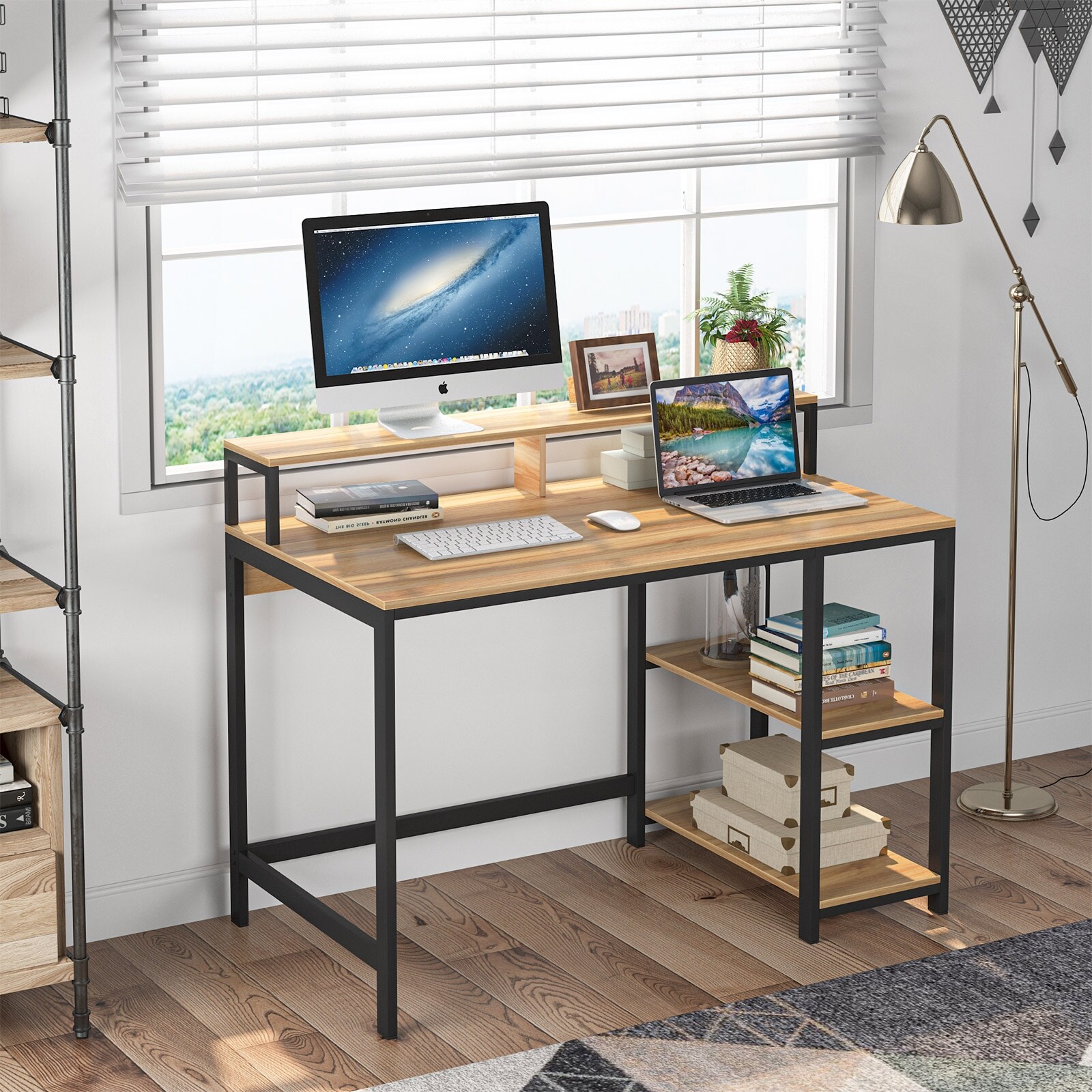 Homcom L-shaped Home Office Writing Desk With Storage Shelf Drawer  Industrial Corner Pc Study Table Computer Workstation Brown : Target
