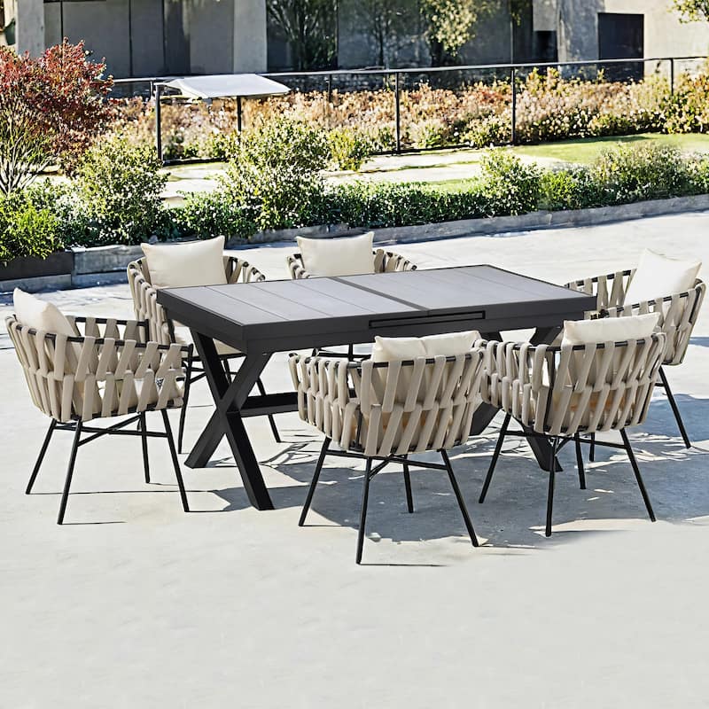 Flexible Outdoor Dining Set,6 Chairs and Extendable Table,62.9" to 82.6" - Grey,Natural