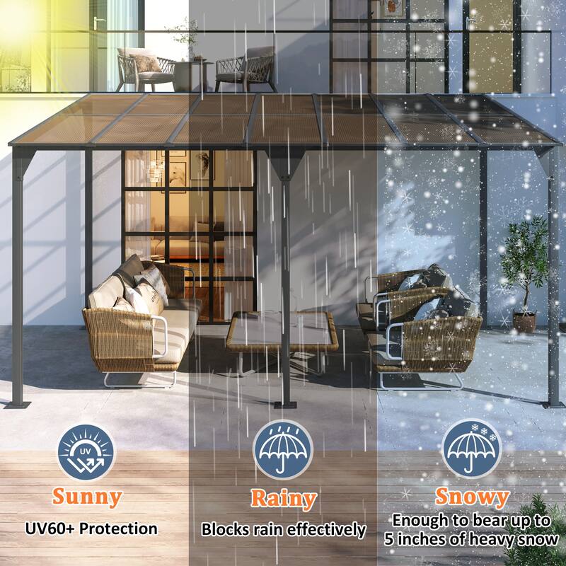 14.76x9.22 FT Wall-Mounted Outdoor Gazebo with Sloped Roof, Powder-Coated Iron Frame & PC Panels for Deck, Garden, Backyard