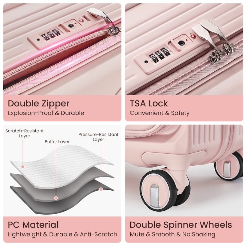 20/24/28 3-Piece Modern Expandable Luggage Sets, Hard-shell Luggage with Front Pocket and TSA Lock, for Boarding Travel, Pink