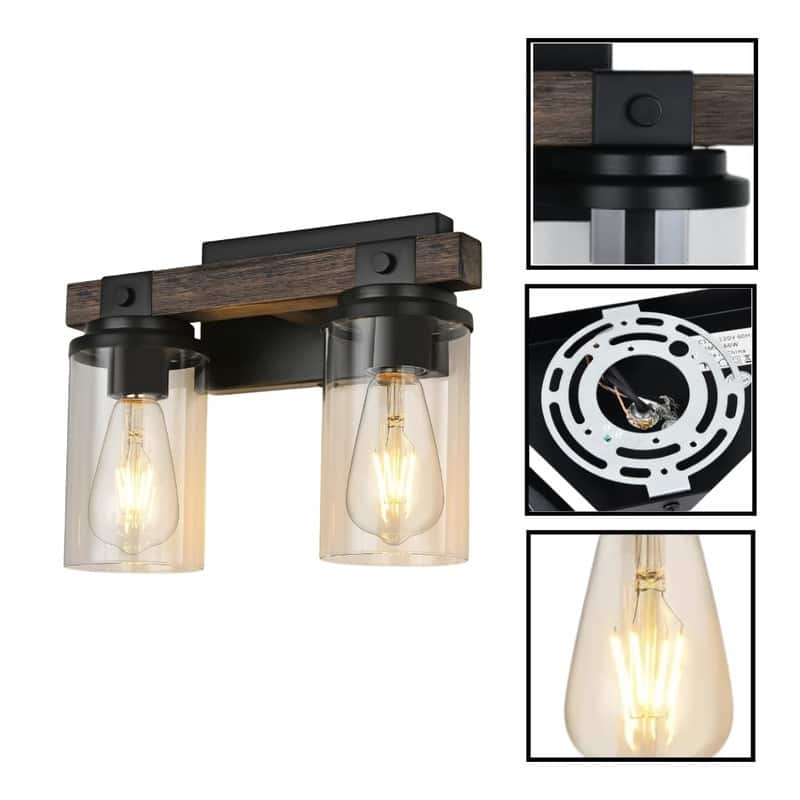 2 Light vanity light and mirror wood wall sconce glass, iron, wood wall light