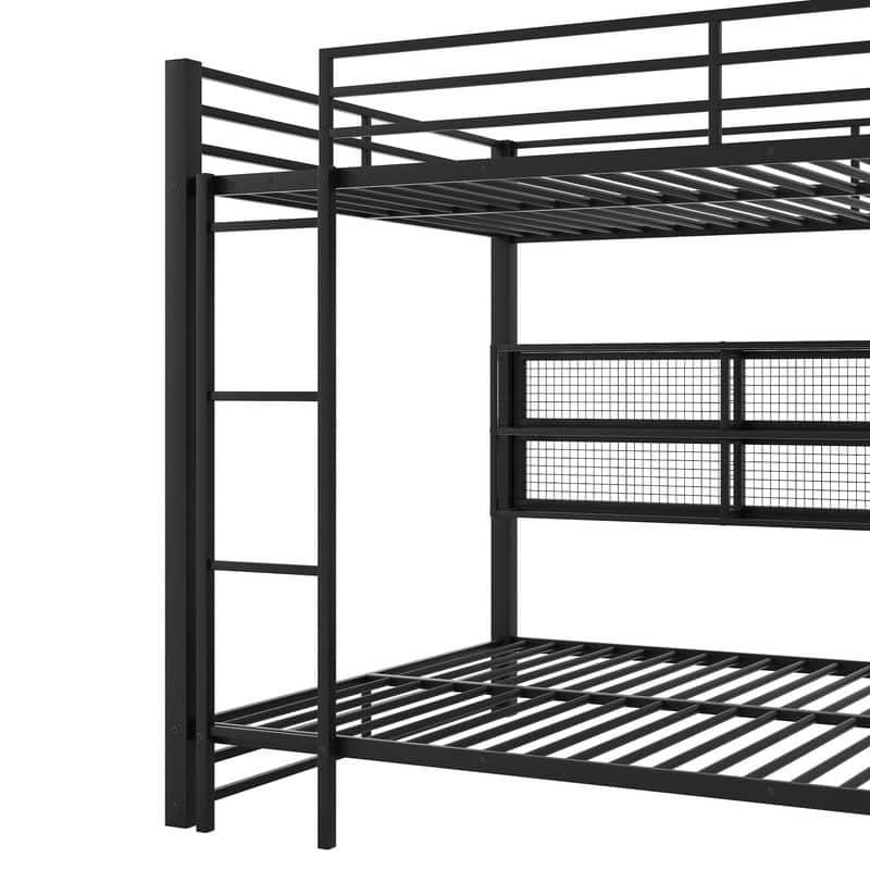 Metal Queen over Queen Bunk Bed with Storage Cabinets and LED, Black